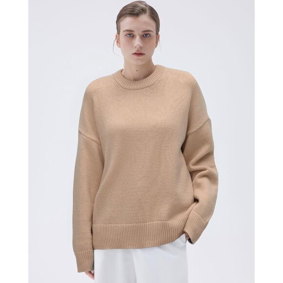 Women Cashmere Blend Oversized Crew Neck Umber Brown Soft Warm Pullover Sweater - Picture 3 of 4